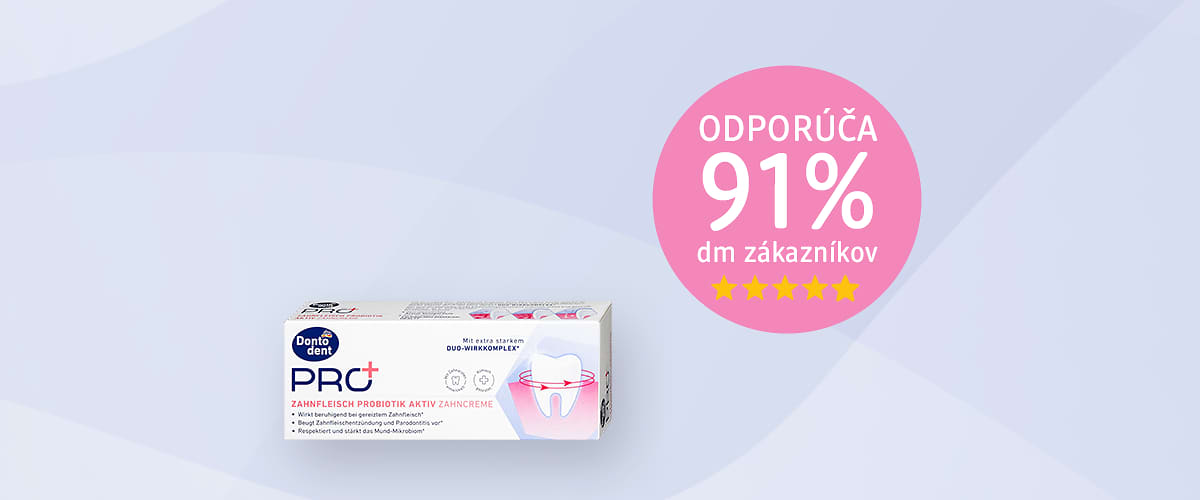 Krabička zubnej pasty s odporúčaním 91% zákazníkov dm