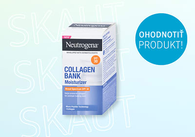 Krém Neutrogena Collagen Bank SPF 30 na svetlom pozadí s textom Ohodnotiť produkt