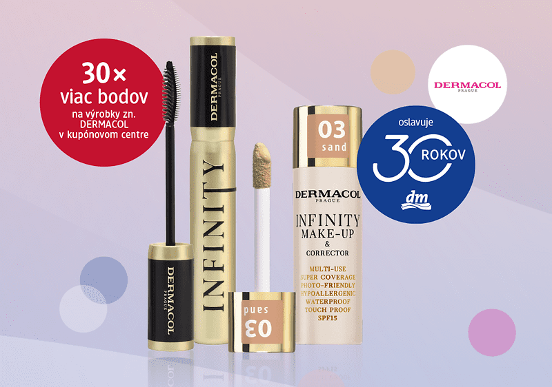 Dermacol kozmetika: riasenka, make-up, korektor na farebnom pozadí s textom o 30. výročí dm