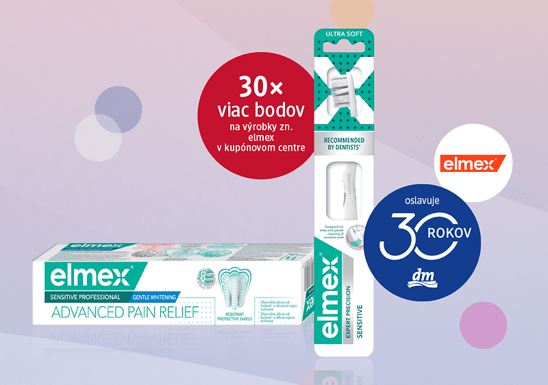 Zubná pasta Elmex, zubná kefka Elmex, logo Elmex, logo 30 rokov dm