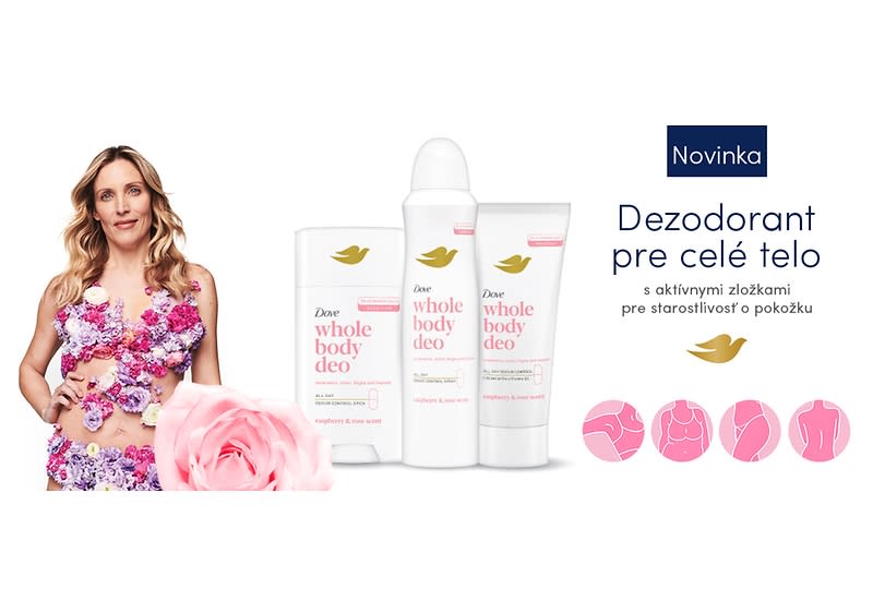 Dezodoranty Dove pre celé telo s aktívnymi zložkami a kvetinovým motívom