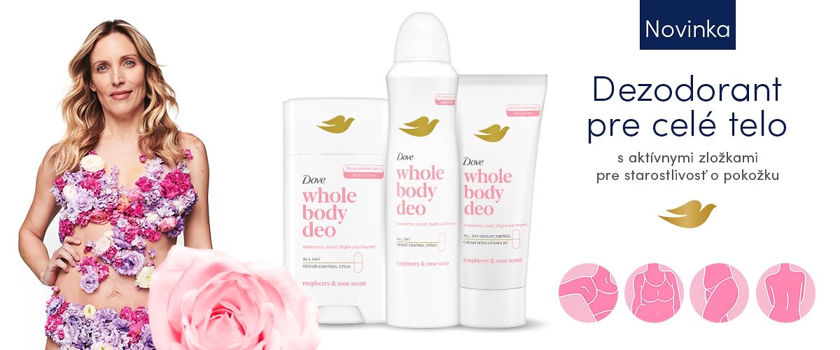 Dezodoranty Dove pre celé telo s aktívnymi zložkami a kvetinovým motívom