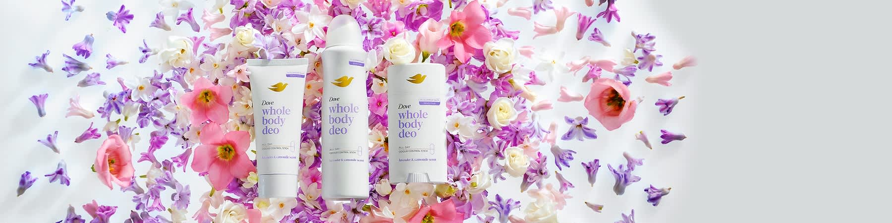 Produkty Dove na pozadí kvetov