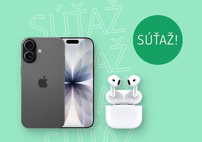 iPhone a AirPods na zelenom pozadí s textom Súťaž