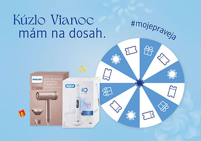 Sušič vlasov, elektrická zubná kefka, koleso šťastia s darčekmi a text Kúzlo Vianoc mám na dosah