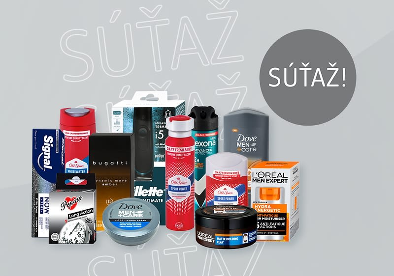 Produkty na starostlivosť o telo a vlasy pre mužov, súťažný nápis v pozadí