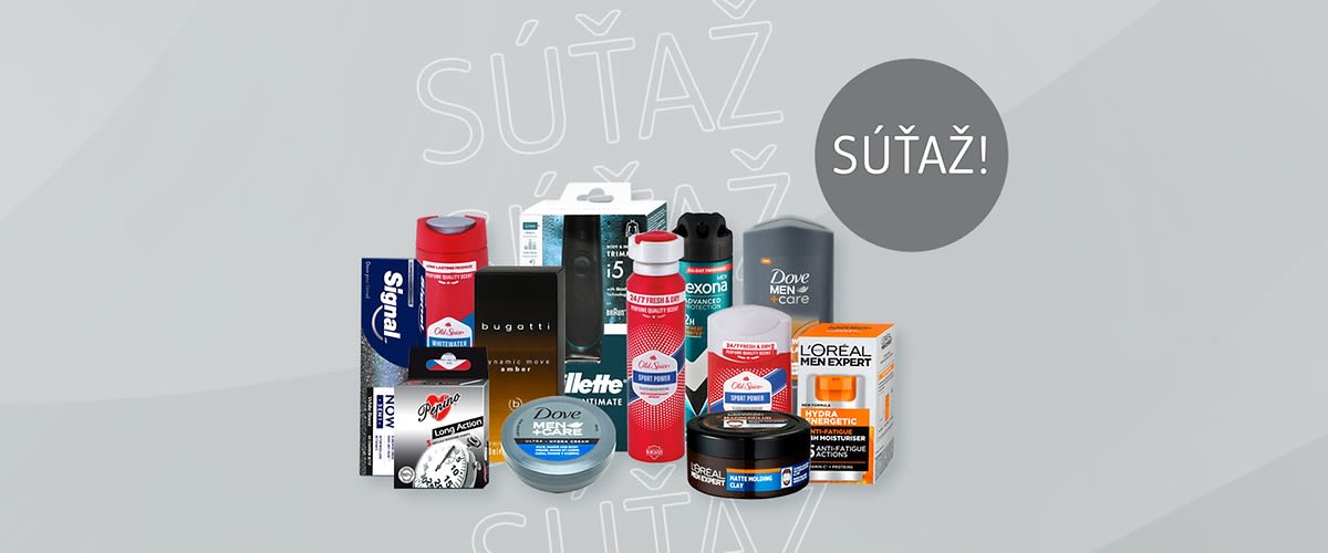 Produkty na starostlivosť o telo a vlasy pre mužov, súťažný nápis v pozadí