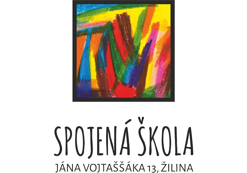 Farebná abstraktná maľba nad textom Spojená škola Ján Vojtaššáka 13 Žilina