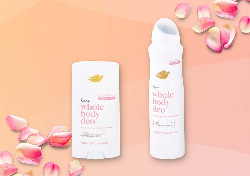 Dezodoranty Dove pre celé telo s aktívnymi zložkami a kvetinovým motívom