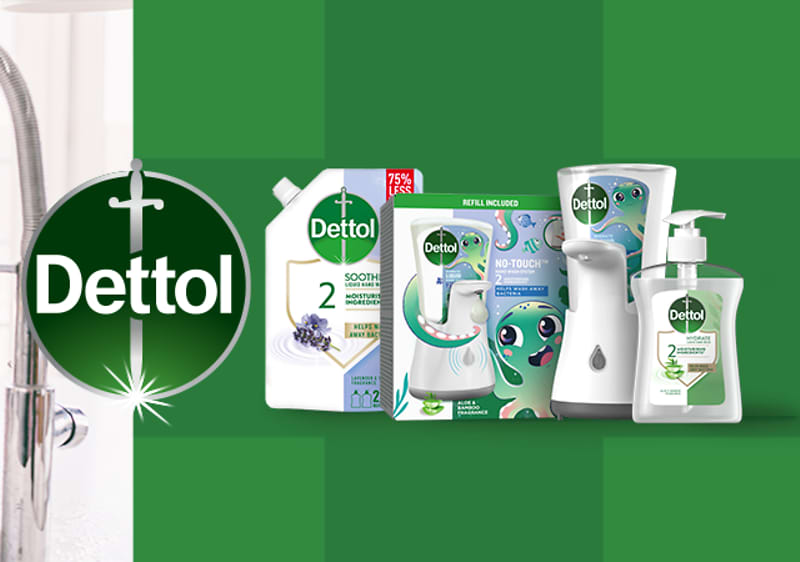 Produkty Dettol: tekuté mydlo, bezdotykový dávkovač, náhradné náplne a antibakteriálny gél na ruky