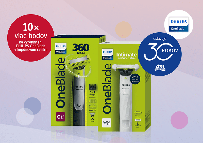 Výrobky Philips OneBlade a 30 rokov dm a násobné body na značku durex