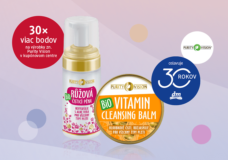 Čistiaca pena a balzam značky Purity Vision, oslava 30 rokov dm, 30x viac bodov na výrobky