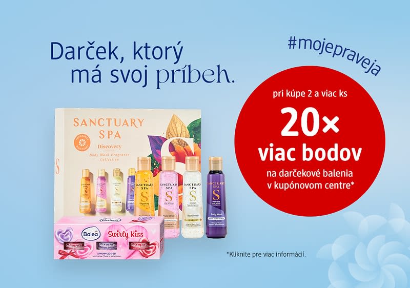 Darčekové balenie kozmetiky Sanctuary Spa a informácia o akcii na viac bodov pri kúpe 2 a viac kusov