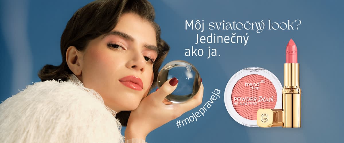 Žena s rúžom a lícenkou, text o jedinečnom sviatočnom vzhľade, hashtag #mojepraveja