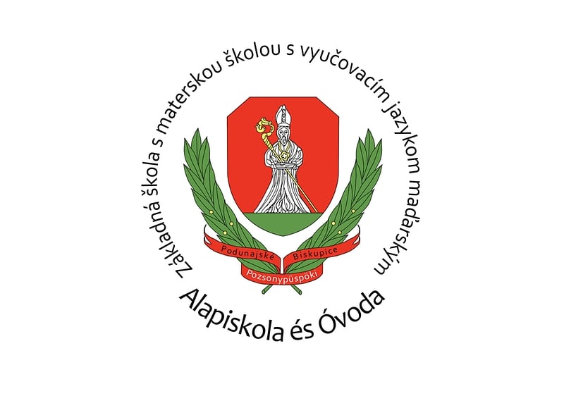 Logo základnej školy s maďarským vyučovacím jazykom, erb s postavou a zelenými listami