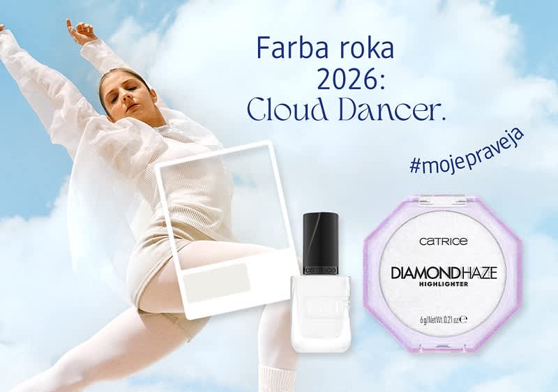 Žena v bielom skáče, text o farbe roka 2026, lak na nechty, rozjasňovač Catrice Diamond Haze