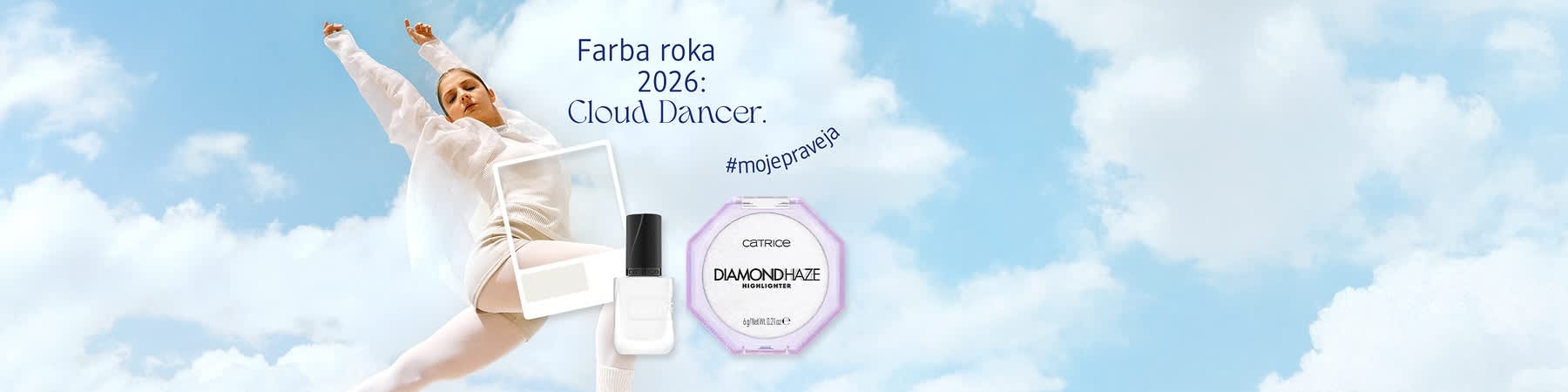 Žena v bielom skáče, text o farbe roka 2026, lak na nechty, rozjasňovač Catrice Diamond Haze