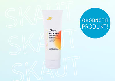 Tuba séra Dove s niacínamidom na svetlom pozadí s textom Ohodnotiť produkt v modrom kruhu
