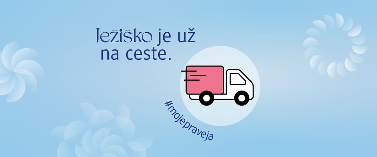 Ježiško na ceste s obrázkom dodávky na modrom pozadí a hashtagom #mojepraveja