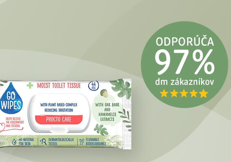 Obrázok vlhčených obrúskov Go Wipes s textom o odporúčaní zákazníkov.