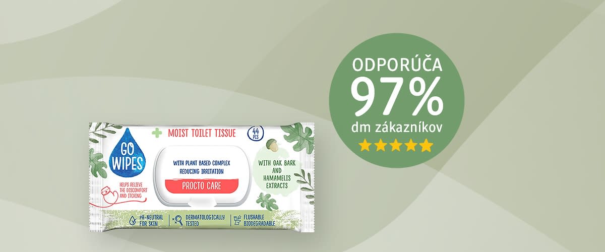Obrázok vlhčených obrúskov Go Wipes s textom o odporúčaní zákazníkov.