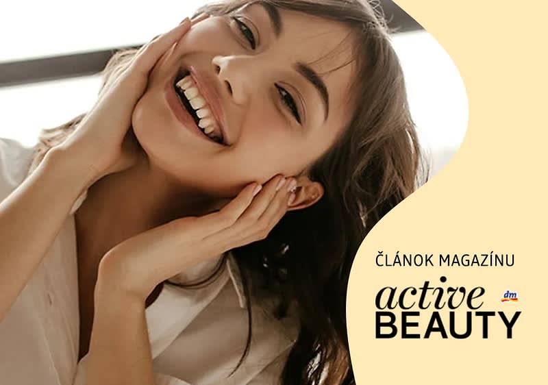 Žena v bielej košeli s rukami pri tvári, text Článok magazínu active beauty