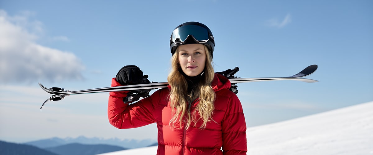 Lyžiarka v červenom overali na zasneženom kopci s lyžami