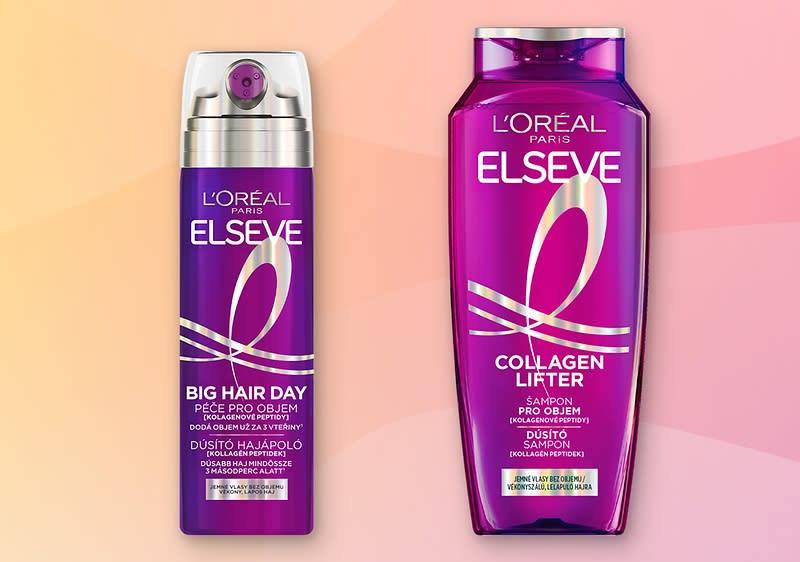 Fľaše šampónu a spreja L'Oréal Elseve na farebnom pozadí.