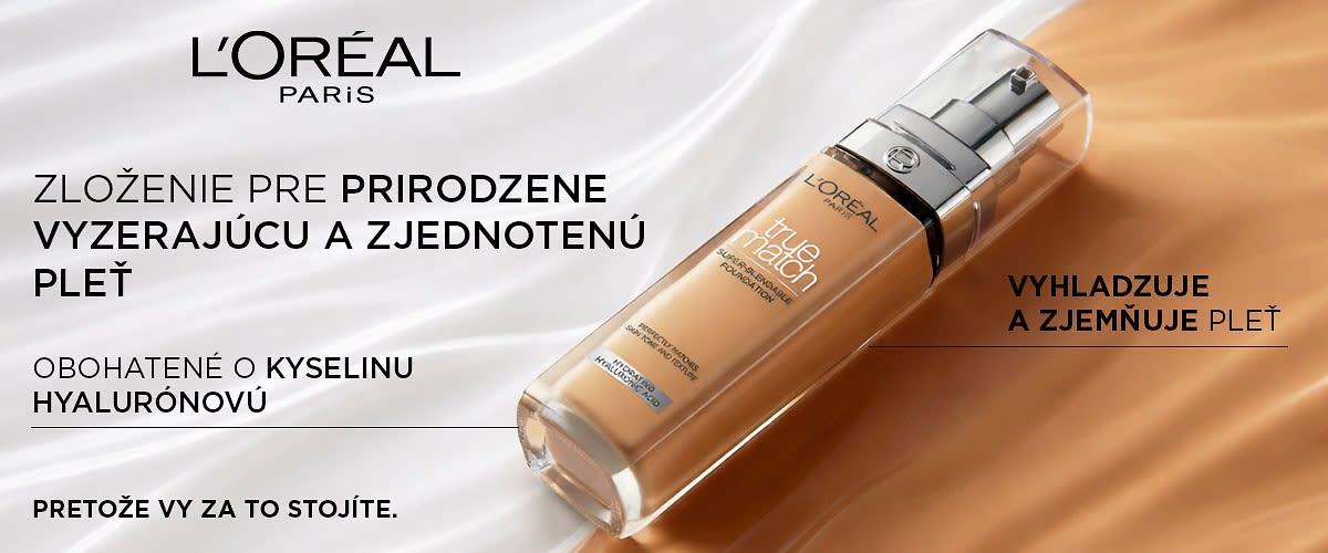 Reklamný obrázok tekutého make-upu značky L'Oréal Paris s popismi o prirodzenom vzhľade a kyseline hyalurónovej
