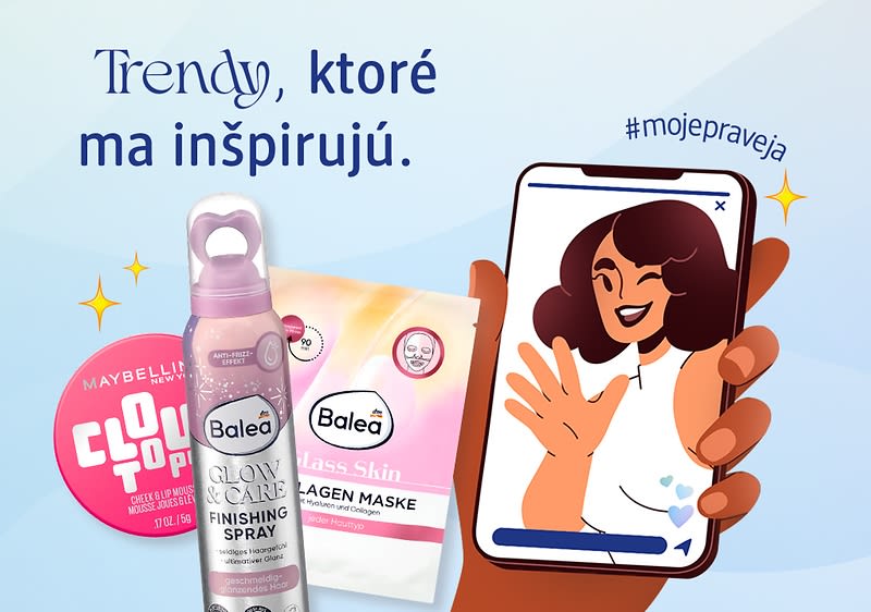 Reklamný obrázok s kozmetikou (make‑up, sprej, pleťová maska) a mobilom zobrazujúcim usmievajúcu ženu v stories
