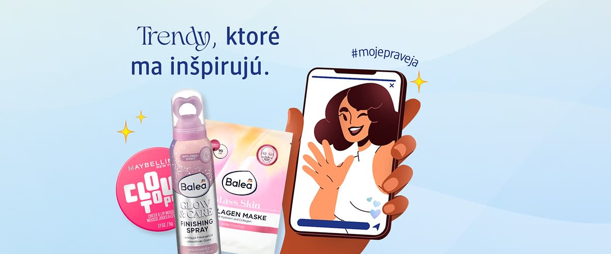 Reklamný obrázok s kozmetikou (make‑up, sprej, pleťová maska) a mobilom zobrazujúcim usmievajúcu ženu v stories