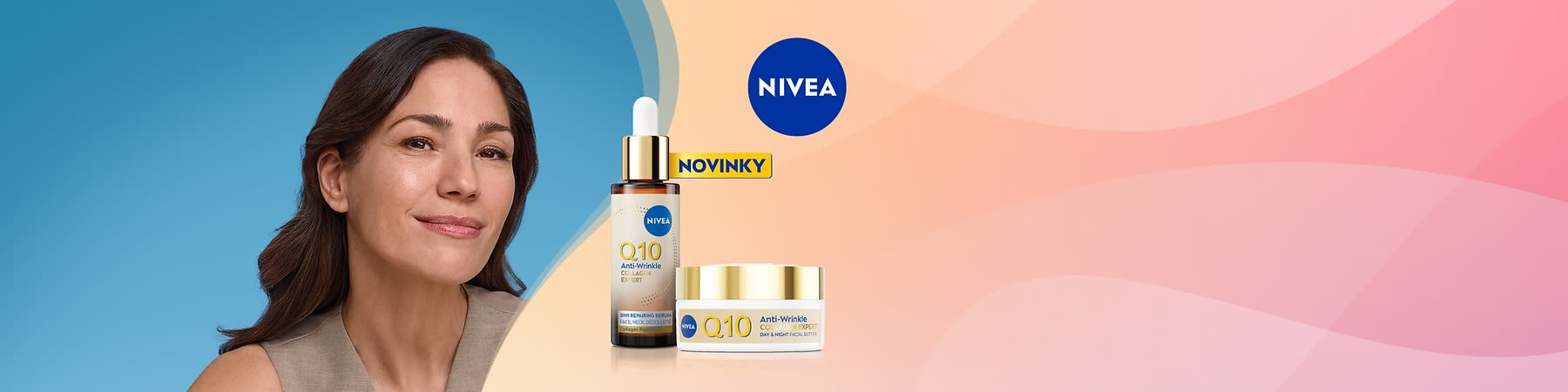 Reklamný obrázok kozmetiky NIVEA s fľaštičkou a krémom Q10 vedľa čiastočne zakrytej ženy