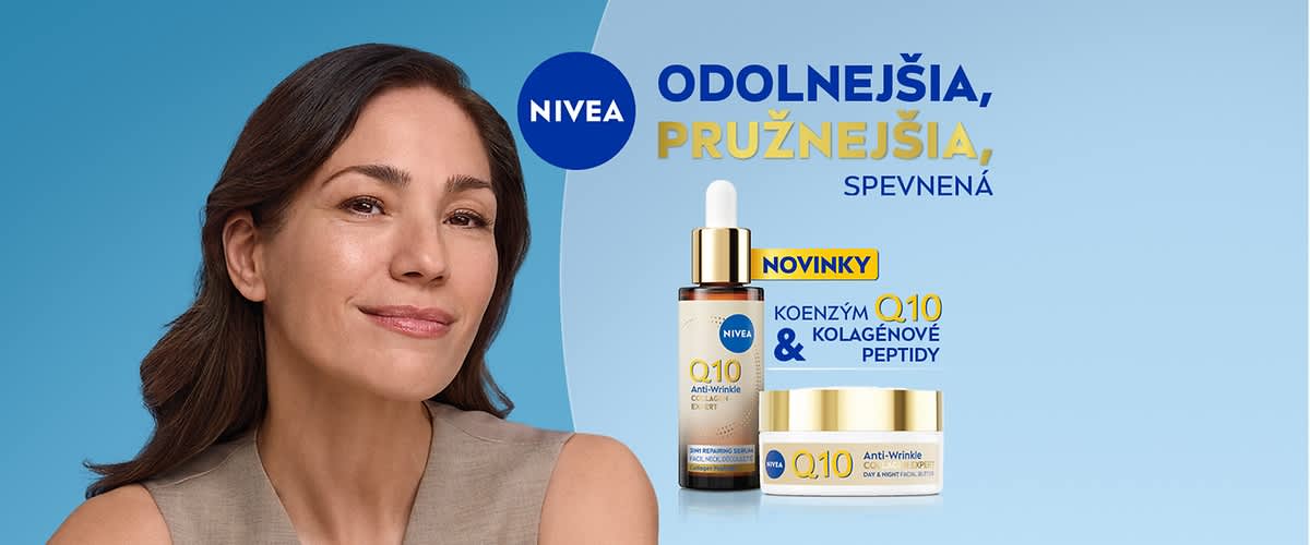 Reklama na NIVEA pleťové produkty s nádobkami Q10 a textom o pevnejšej a pružnejšej pokožke