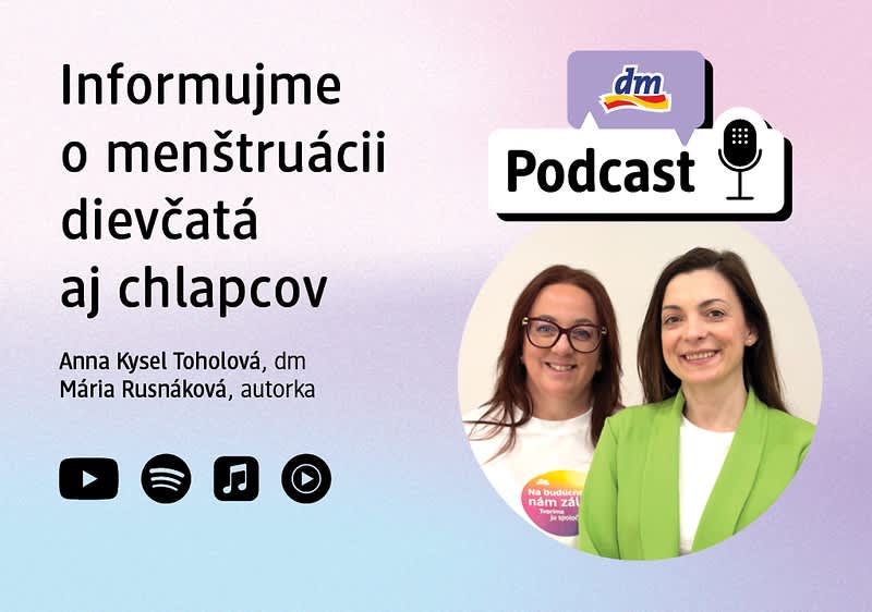 Propagácia podcastu o menštruácii s dvojicou moderátoriek a logom dm a podcastu