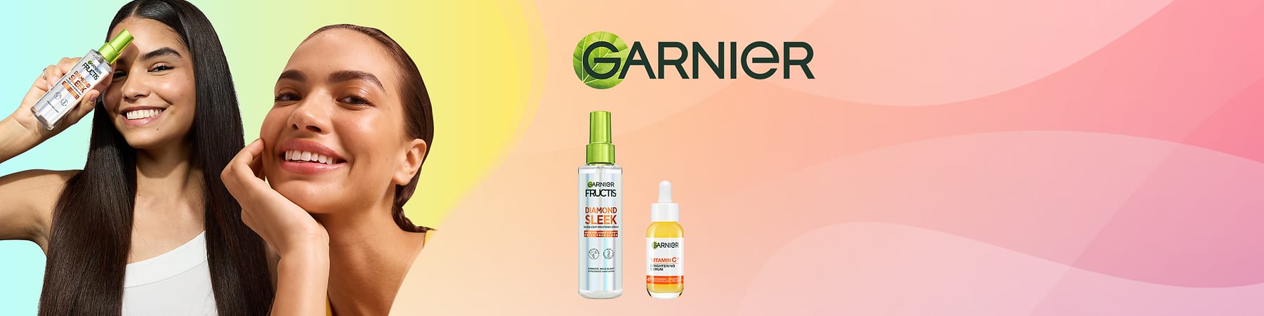 Reklamný obrázok s logom Garnier, dvoma fľaštičkami kozmetických produktov a modelkou so zdravými lesklými vlasmi
