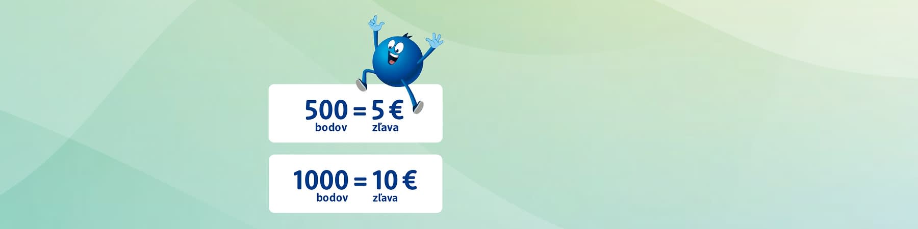 Modrý maskot nad nápismi: 500 bodov = 5 € zľava a 1000 bodov = 10 € zľava
