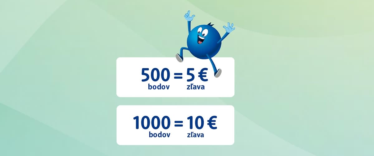 Modrý maskot nad nápismi: 500 bodov = 5 € zľava a 1000 bodov = 10 € zľava