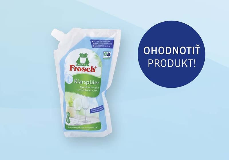 Balenie Frosch leštidla do umývačky na svetlom modrom pozadí s výzvou ohodnotiť produkt