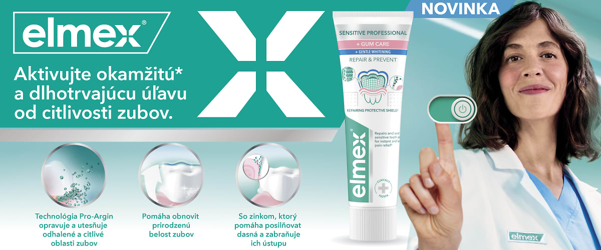 Reklamný banner zubnej pasty Elmex s tubou produktu, ikonami účinkov a osobou v plášti ukazujúcou na dotykové tlačidlo