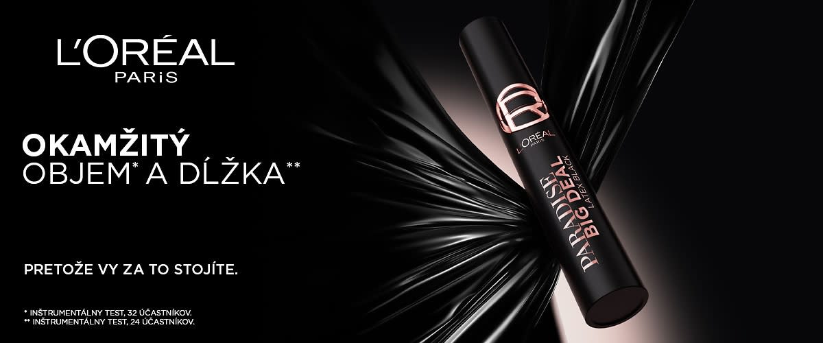Čierna tubička riasenky L'Oréal Paradise Big Deal na lesklom čiernom pozadí