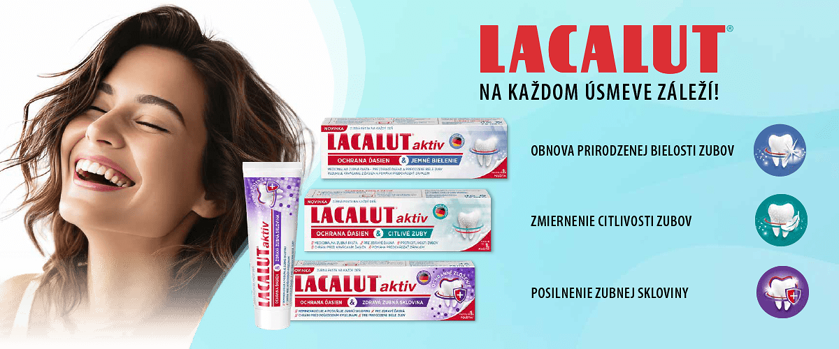 Reklama na zubnú pastu Lacalut s tromi baleniami, tubou a textom o bielení a citlivosti zubov