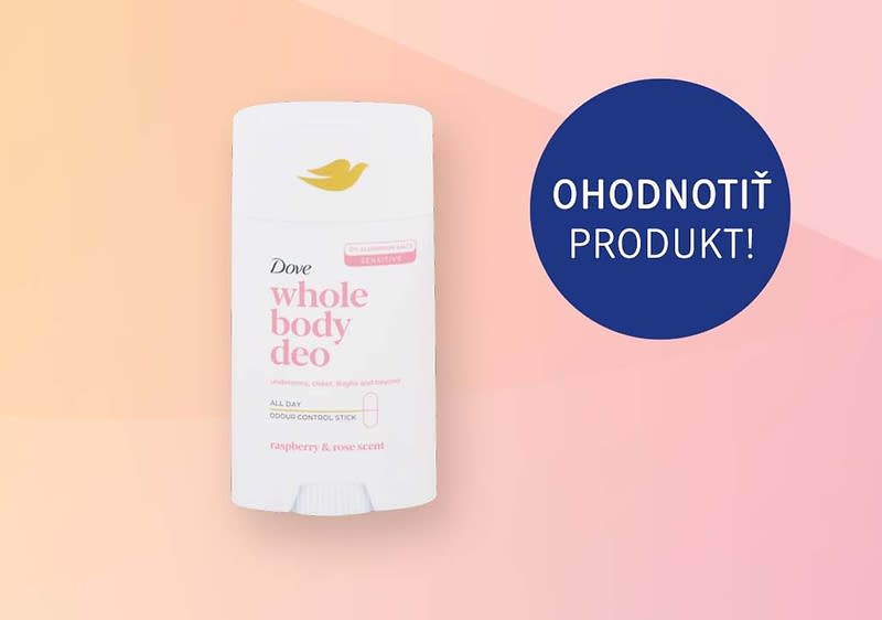 Biely tuhý deodorant Dove Whole Body Deco na ružovom pozadí s modrým kruhom a textom ohodnotiť produkt