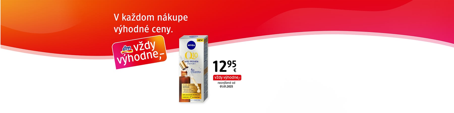 Krémové sérum NIVEA Q10 Anti-Wrinkle v krabičke s cenou 12,95 € a reklamným sloganom vždy výhodne
