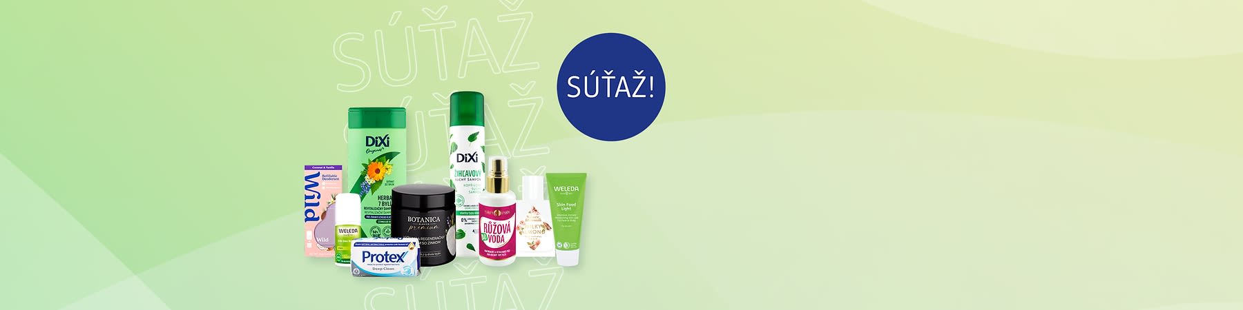 Rôzne kozmetické a hygienické produkty usporiadané na žltom pozadí s modrým kruhom nápisom súťaž