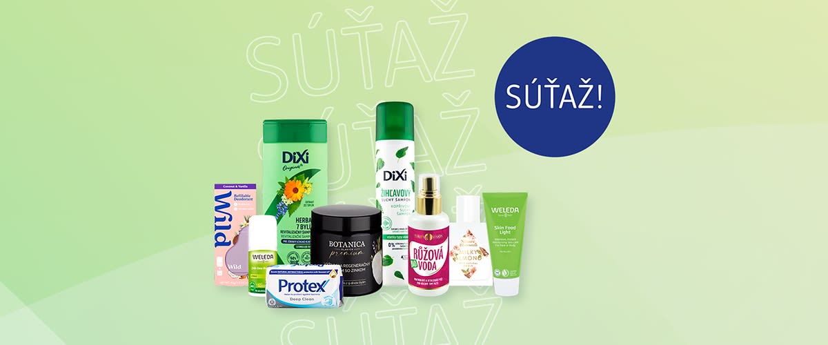 Rôzne kozmetické a hygienické produkty usporiadané na žltom pozadí s modrým kruhom nápisom súťaž