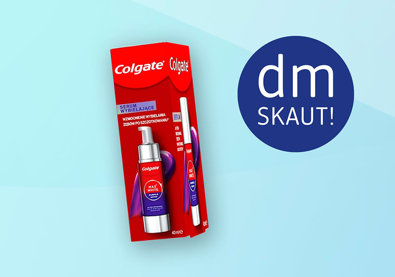 Balenie Colgate zubného séra a pera na svetlomodrom pozadí s logom dm skaut