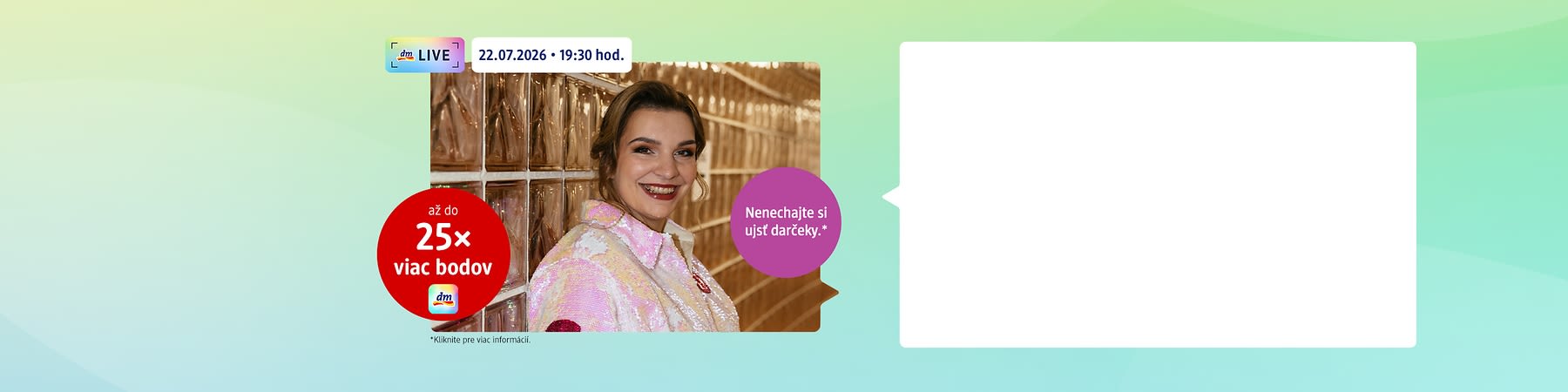 texty o dm LIVE a 25× viac bodov, stand-up komička Simona ako hosť na zelenom pozadí