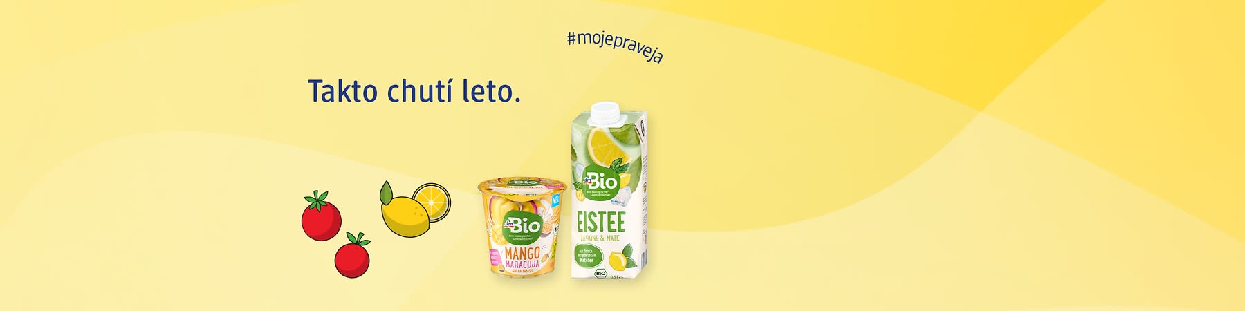 Dve bio nápoje a jogurt s príchuťou citrónu, manga a marakuje na žltom pozadí s textom Takto chutí leto