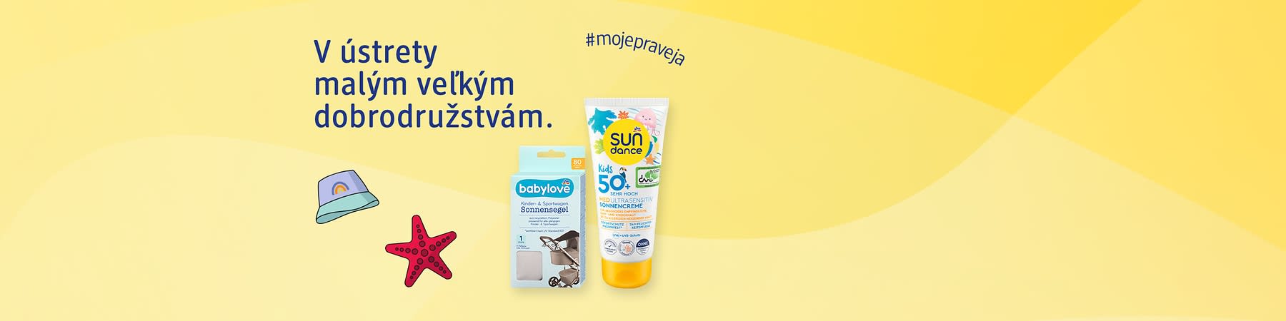 Produktové balenie opaľovacích prípravkov na žltom pozadí s nápisom o dobrodružstve pri mori