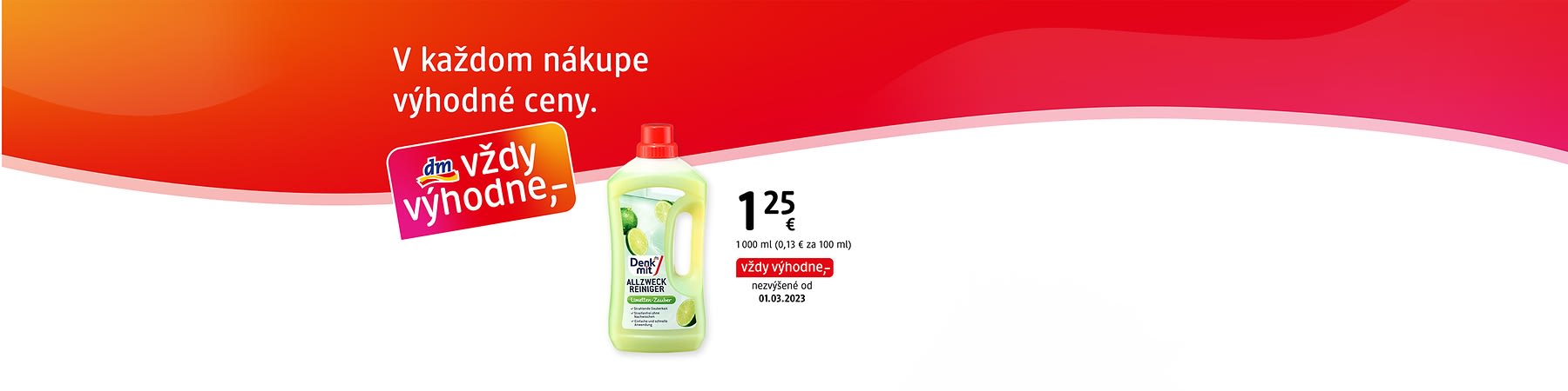 Fľaša čistiaceho prostriedku s citrusovou vôňou a cenovka 1,25 €